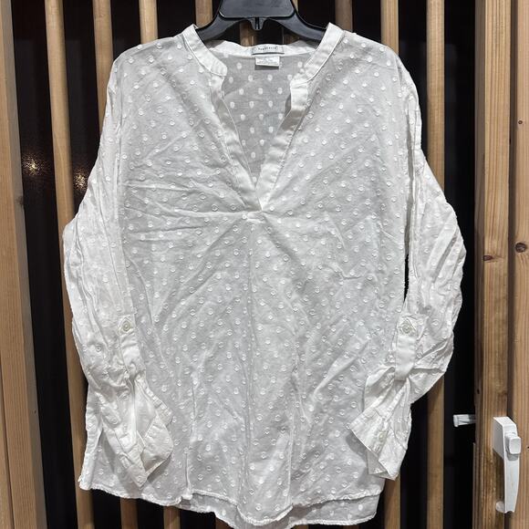 Van Heusen Top XXL White Swiss Dot V Neck Long Sleeve 100% Cotton Boho Ethereal - Picture 1 of 7